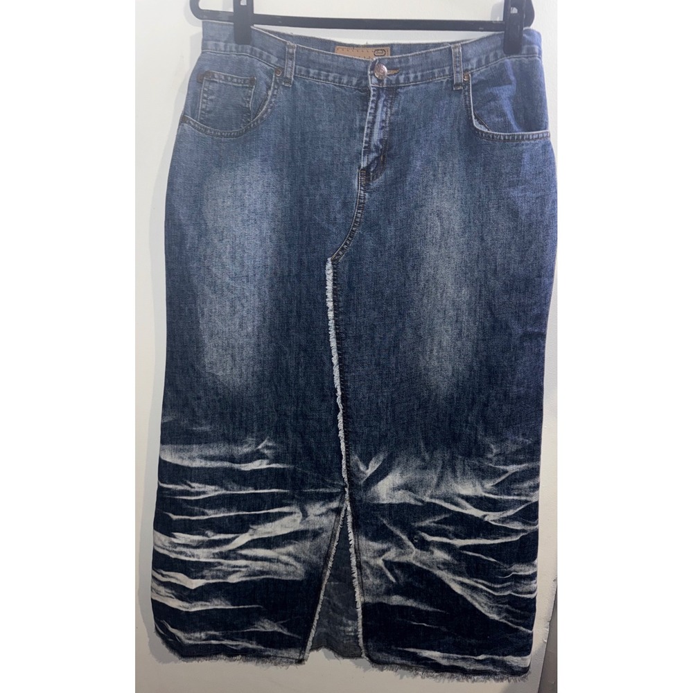 Crest Jeans Blue Acid Wash Denim Maxi Skirt Y2K Frayed Hem Size 15/16 FLAW